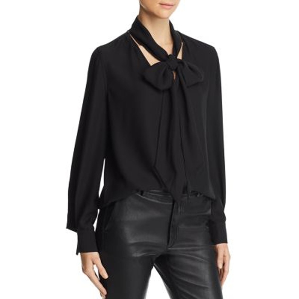 Equipment Haty Silk Tie Neck Blouse Sheer Chiffon Scarf Top Black Women XS